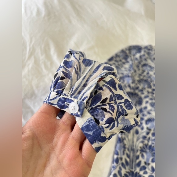 Tory Burch | Tunic Floral Blouse SZ 4 Blue Print Tie Tassel Front Cotton - Picture 9 of 11